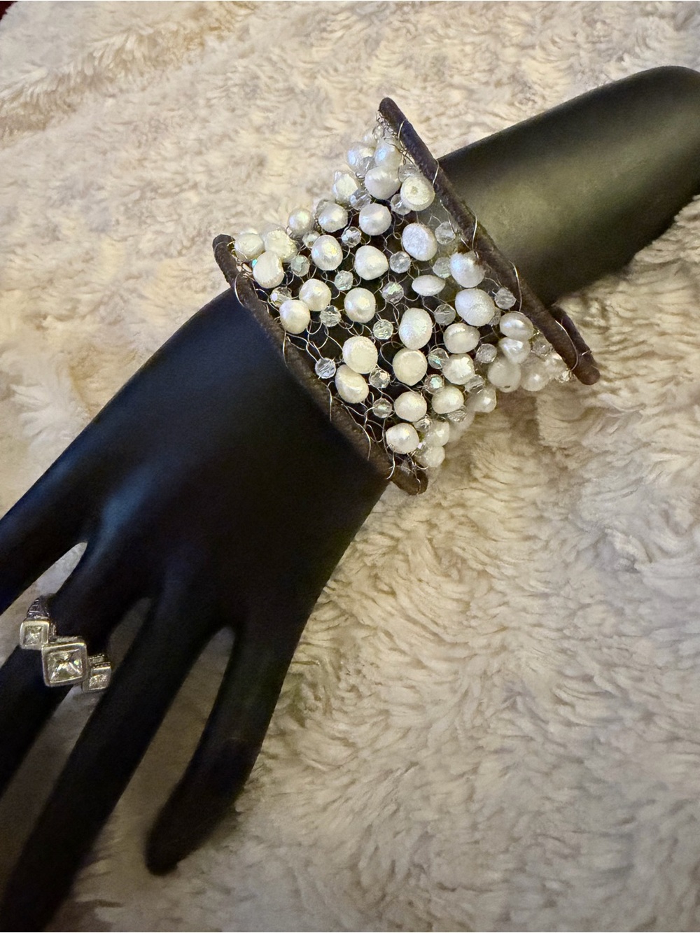 Iridescent Beads/White Pearls Flexible leather covered wire handwoven Cuff